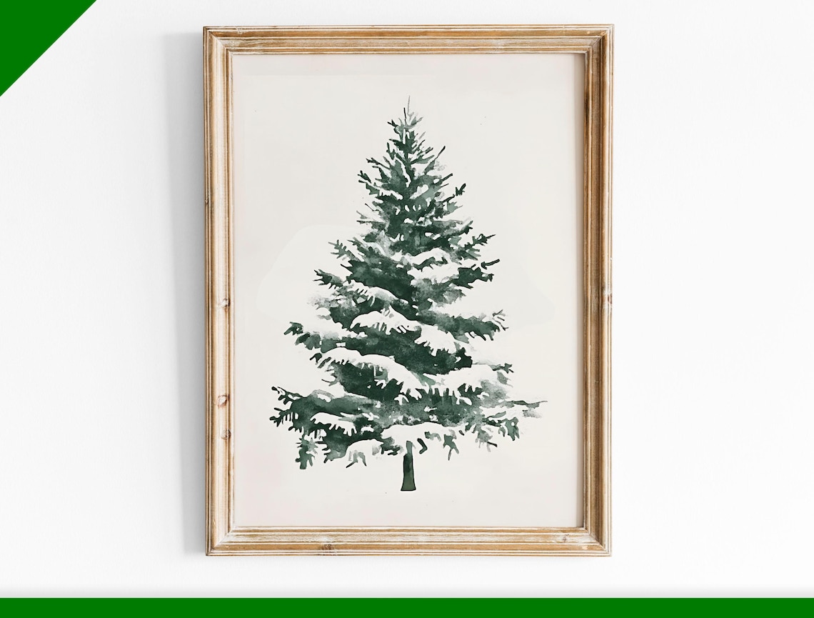 Green Watercolor Snowy Evergreen Tree Minimalist Winter Poster