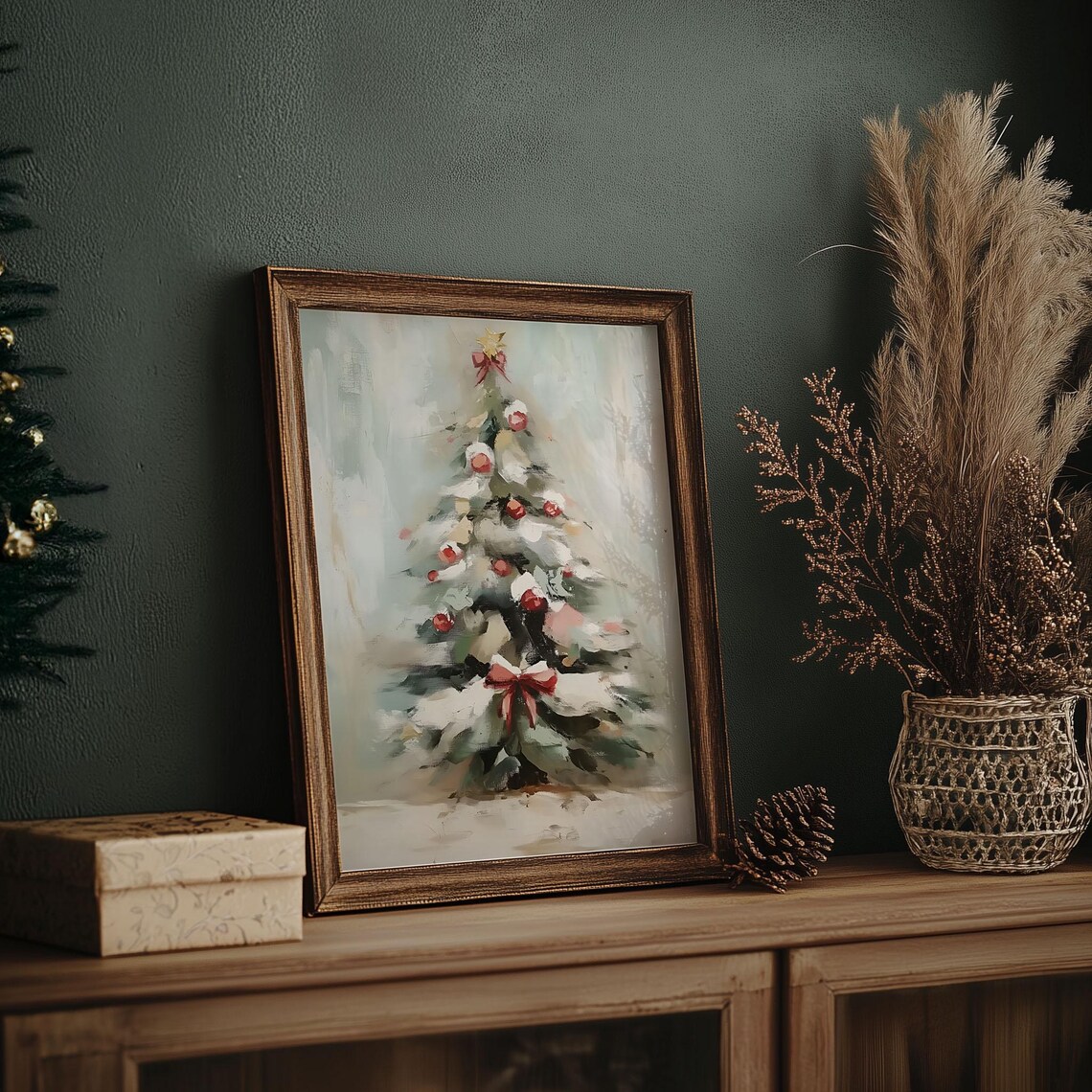 Snowy Christmas Tree with Red Ornaments Loose Oil Painting Poster - Image 7