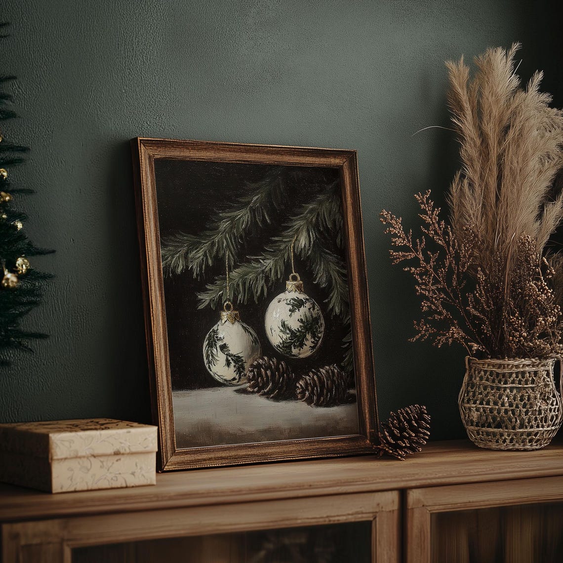 White Botanical Christmas Ornaments and Pine Cones Moody Poster - Image 7