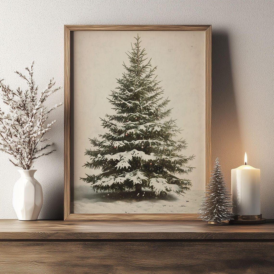 Minimalist Snowy Evergreen Tree on Cream Vintage Botanical Poster - Image 3