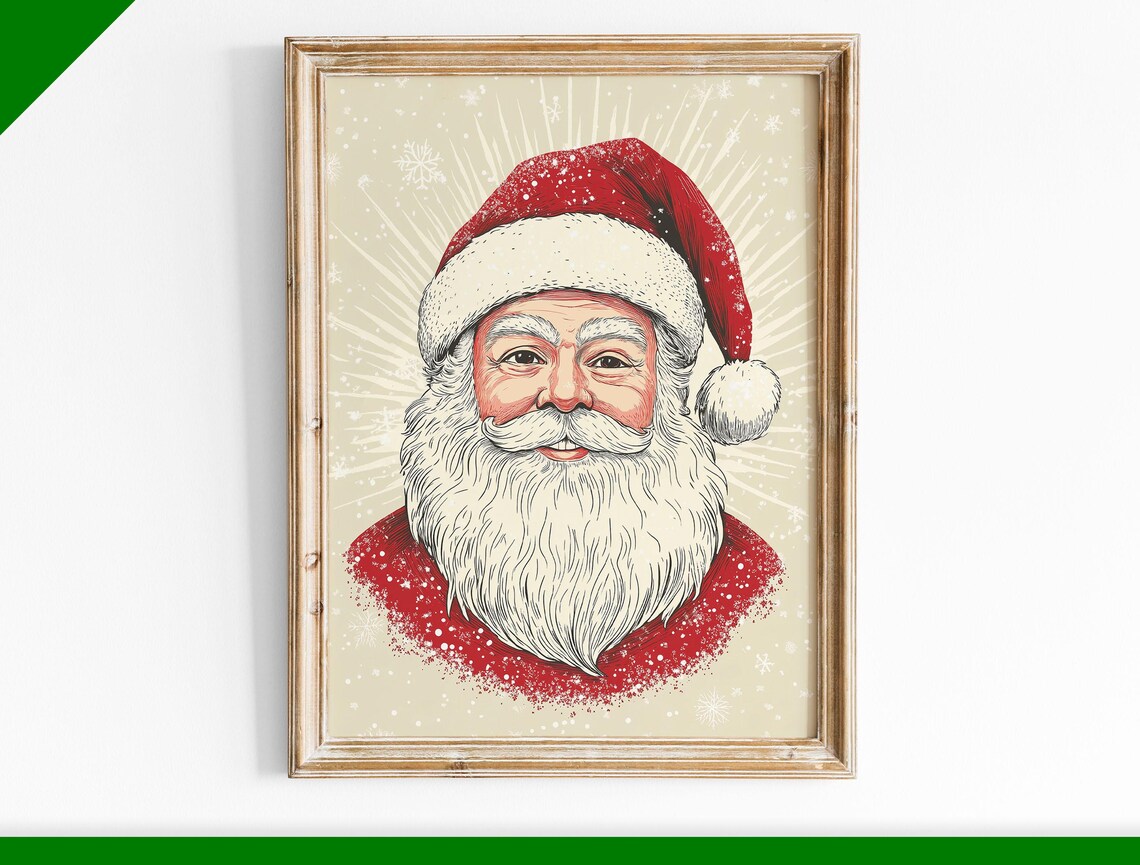 Vintage Santa Claus Portrait With Snowflakes Sunburst Holiday Poster