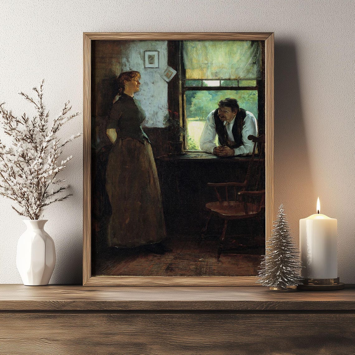 Woman and Man at Window Rustic Vintage Interior Oil Painting Poster - Image 3