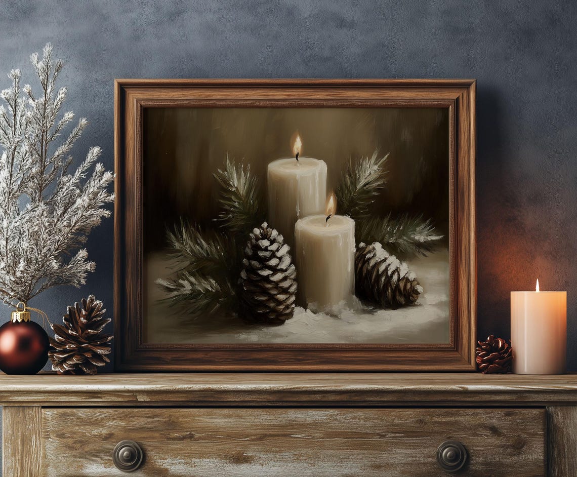 Two Lit Candles With Frosted Pinecones Christmas Still Life Poster - Image 4