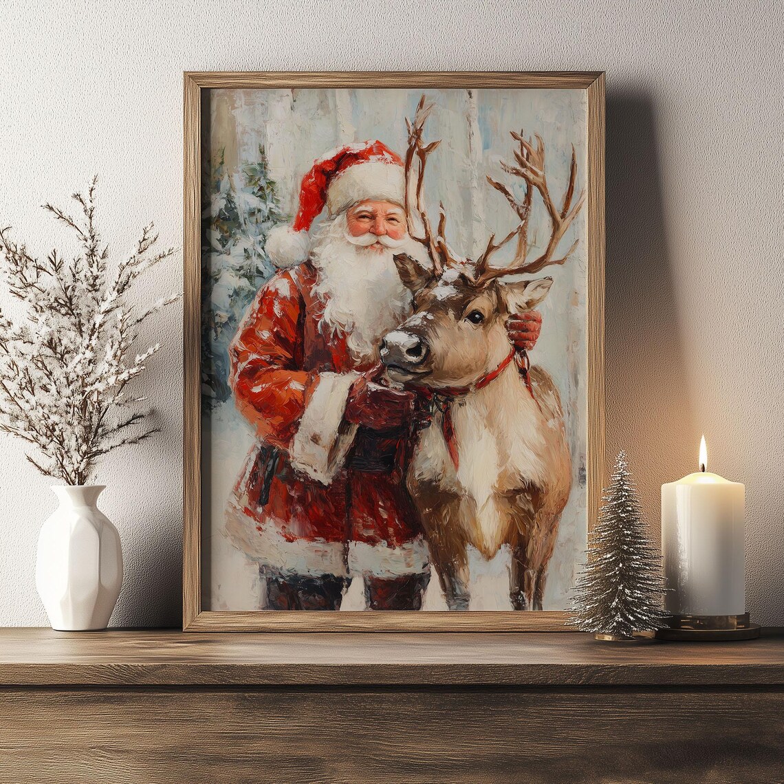 Santa Claus Hugging a Reindeer in the Snow Christmas Painting Poster - Image 4