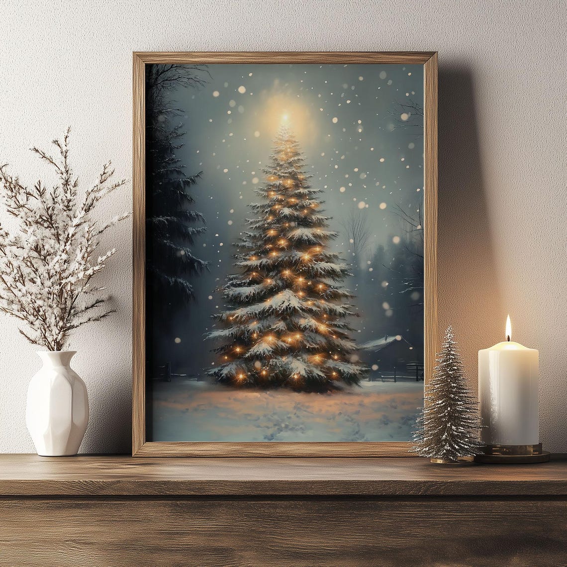 Lit Christmas Tree in Snowy Night with Glowing Lights Holiday Poster - Image 2