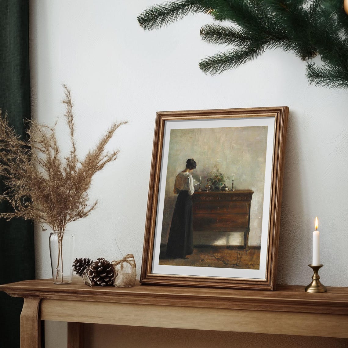Woman Reading at Sideboard Candlelight Vintage Interior Poster - Image 7