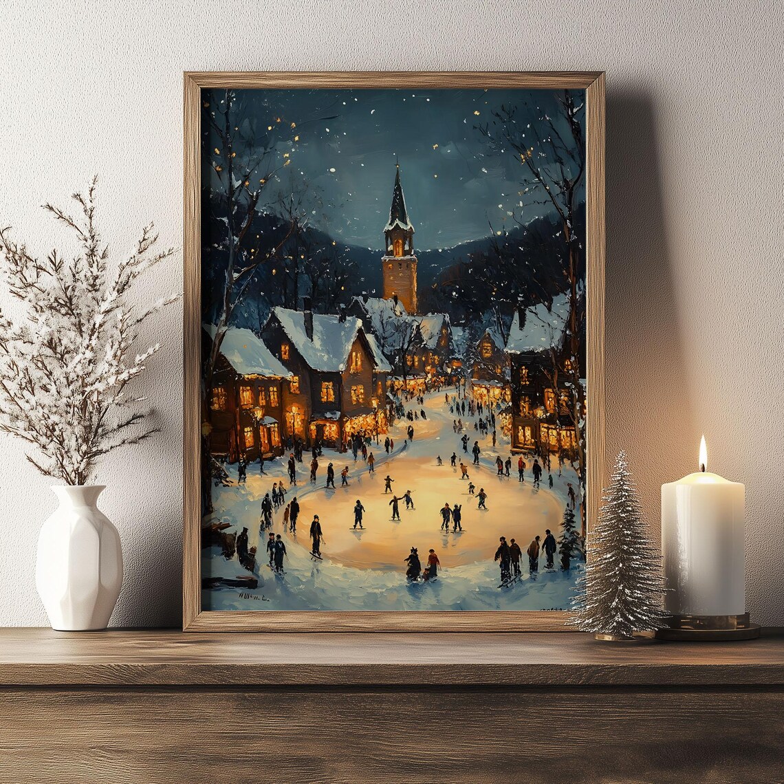 Village Ice Rink Night Church Tower Snowy Town Oil Painting Poster - Image 5