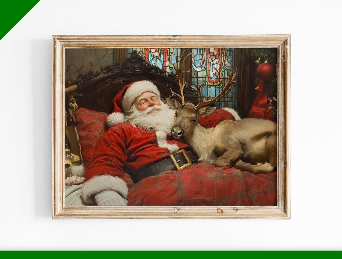 Sleeping Santa with Reindeer Stained Glass Cozy Christmas Poster