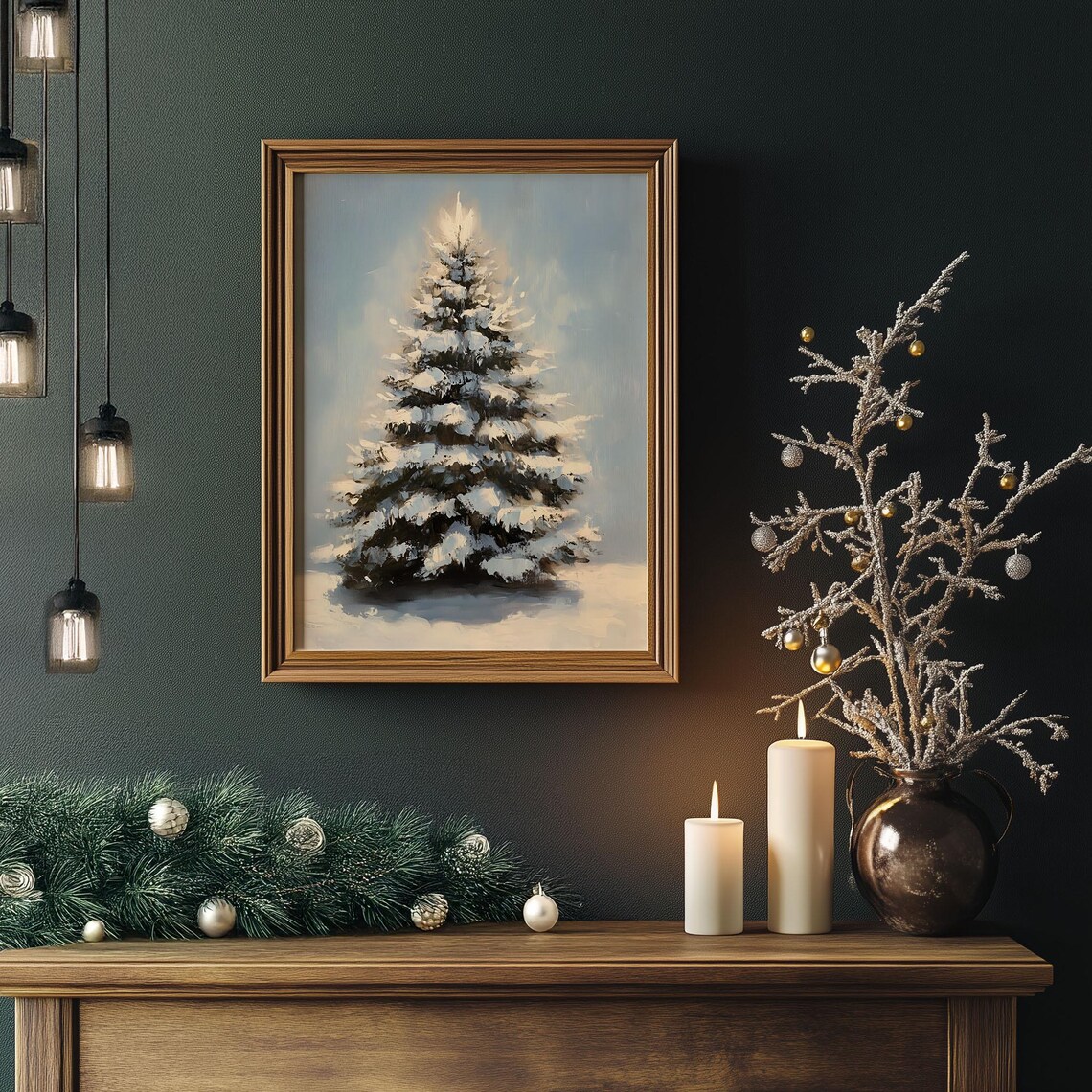 Snow Covered Pine Tree with Winter Glow Oil Painting Christmas Poster - Image 4
