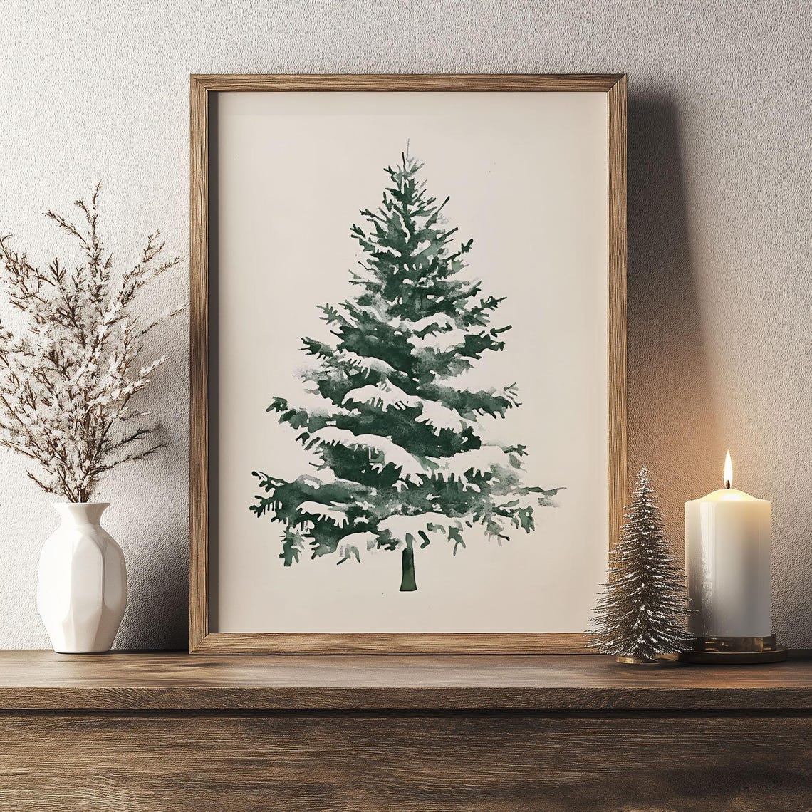 Green Watercolor Snowy Evergreen Tree Minimalist Winter Poster - Image 5