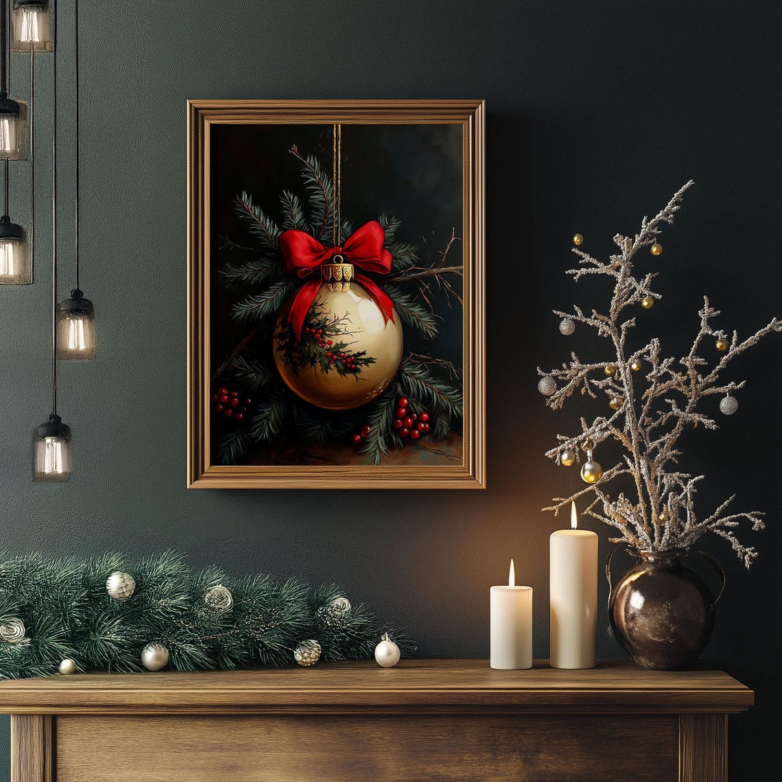 Gold Christmas Ornament With Red Bow Holly Berries Dark Poster - Image 3