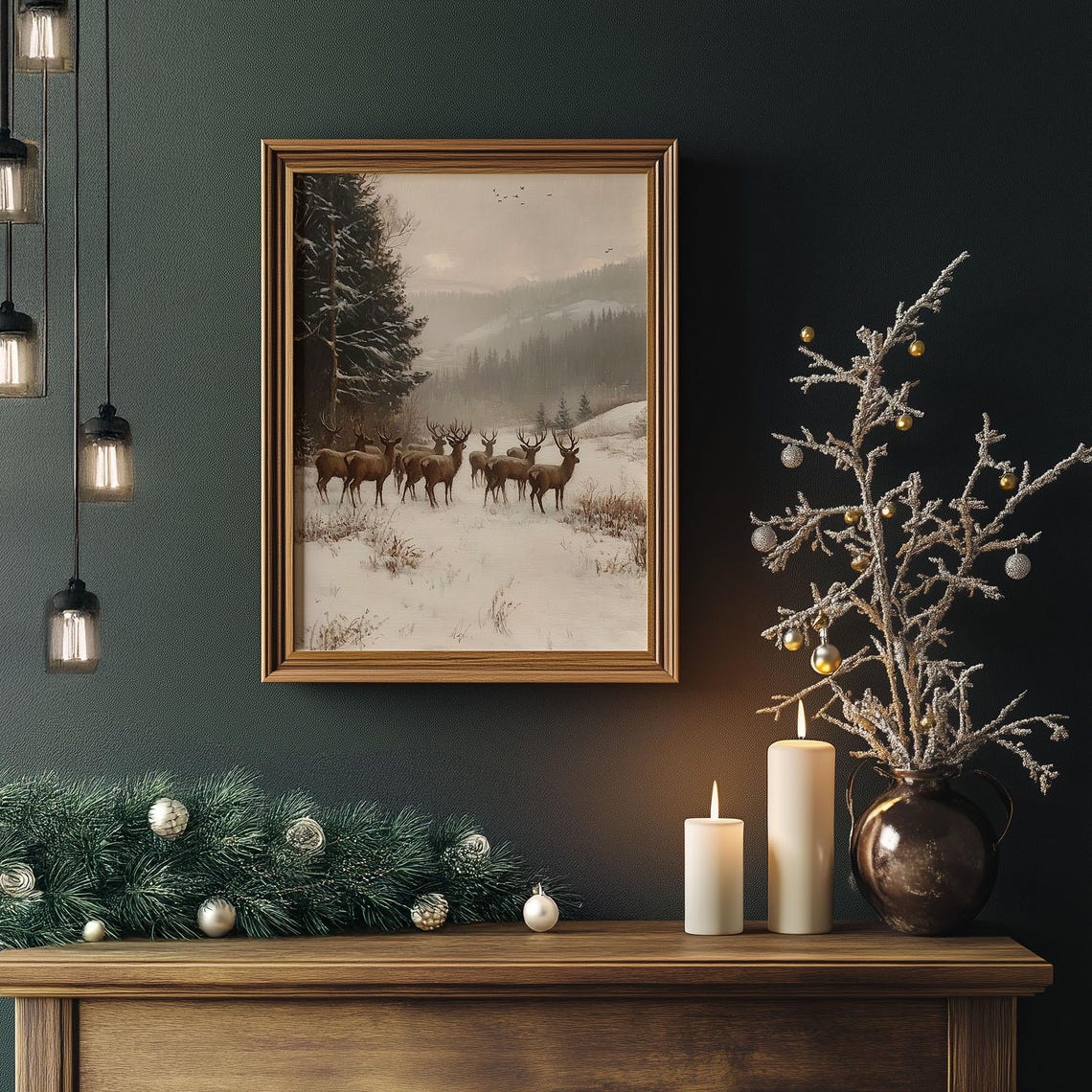 Herd of Deer in Snowy Mountain Forest Vintage Wildlife Poster - Image 3