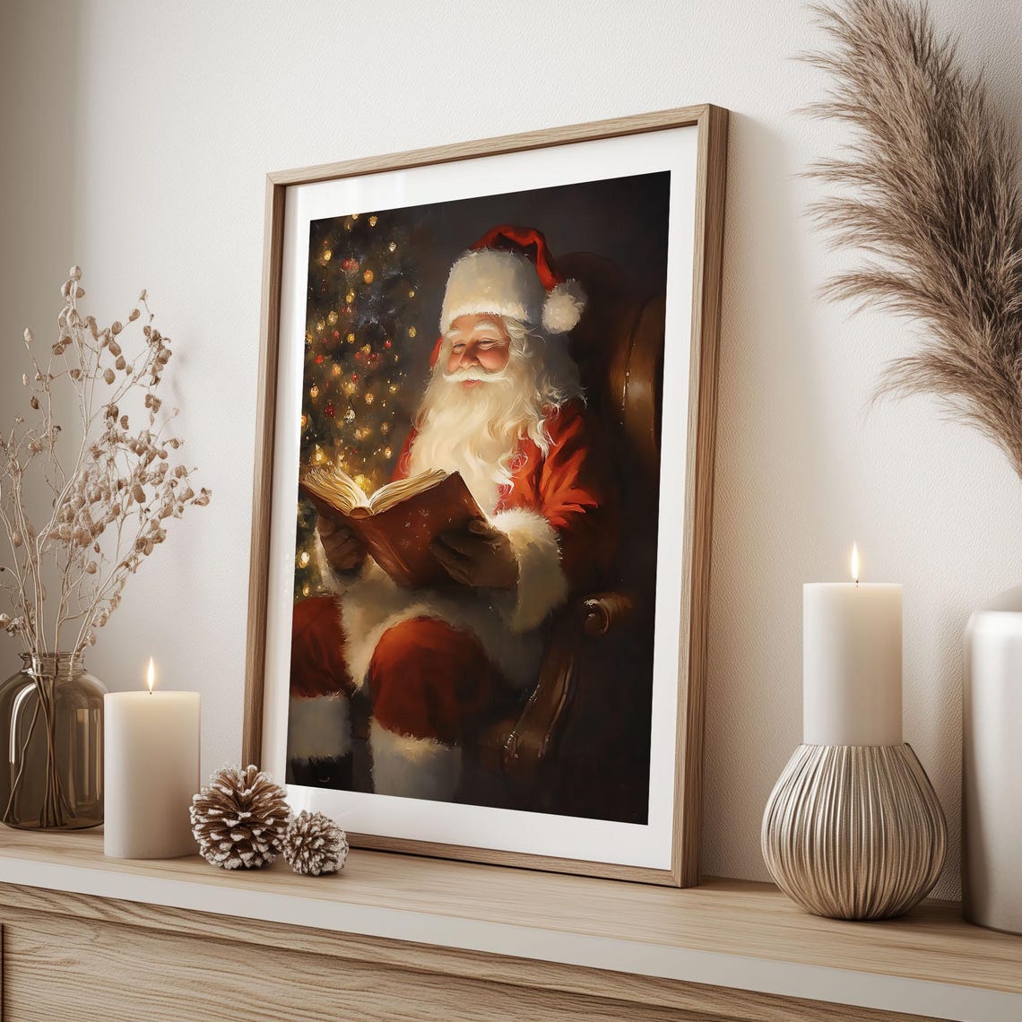 Vintage Santa Reading Book Christmas Tree Cozy Holiday Art Print - Image 6