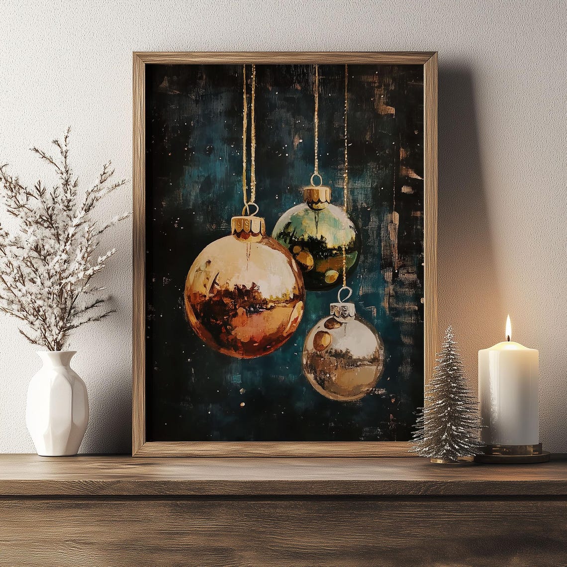 Metallic Gold Green and Silver Baubles on Dark Teal Christmas Poster - Image 4