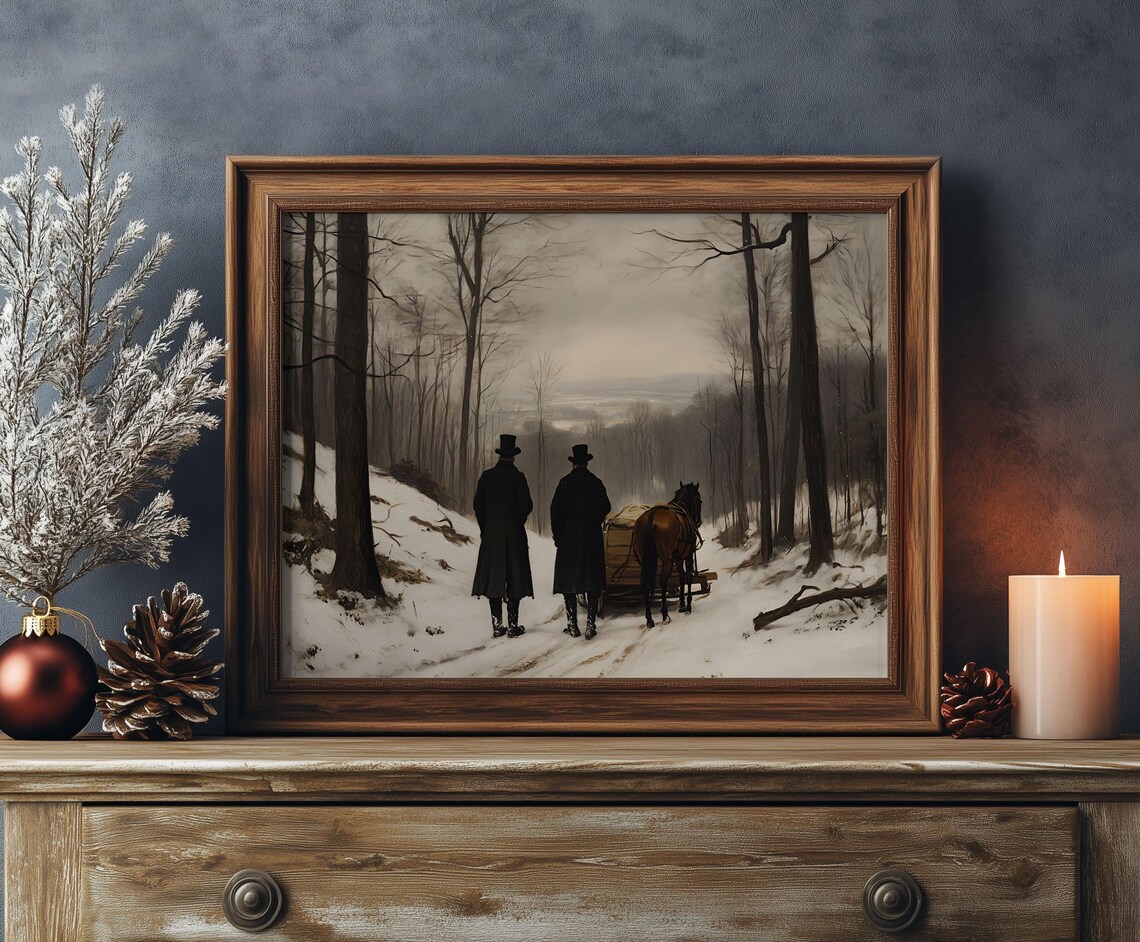 Victorian Gentlemen Horse Sled Snowy Forest Oil Painting Poster - Image 2