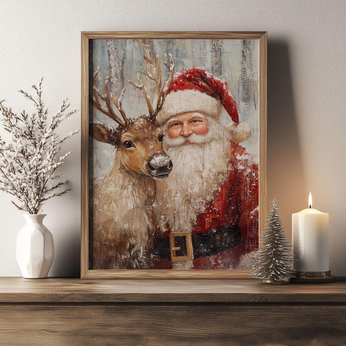 Santa Claus with Reindeer Snow Dusted Portrait Christmas Scene Poster - Image 4