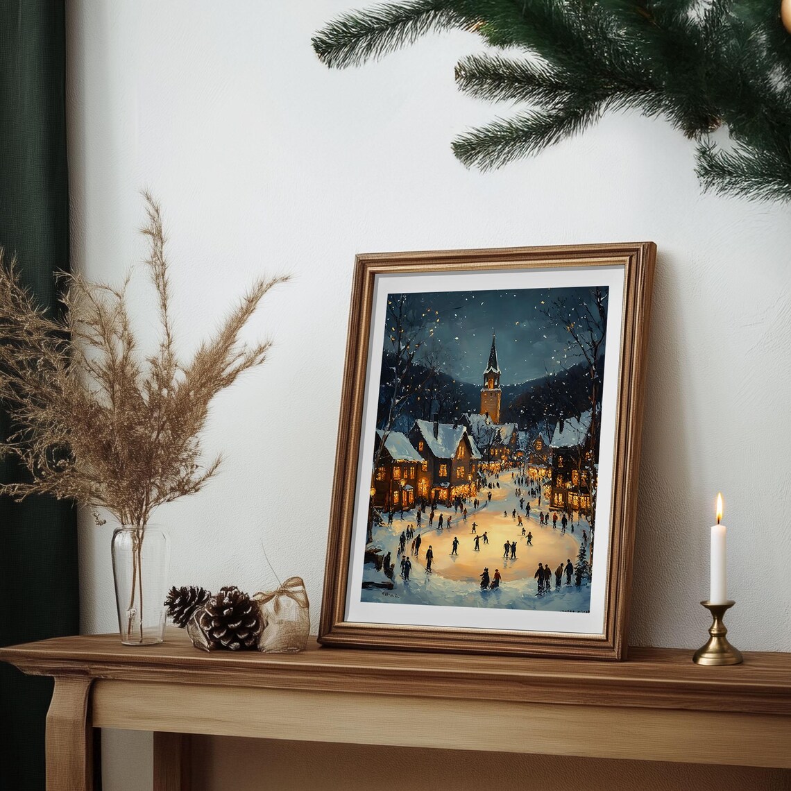 Village Ice Rink Night Church Tower Snowy Town Oil Painting Poster - Image 6