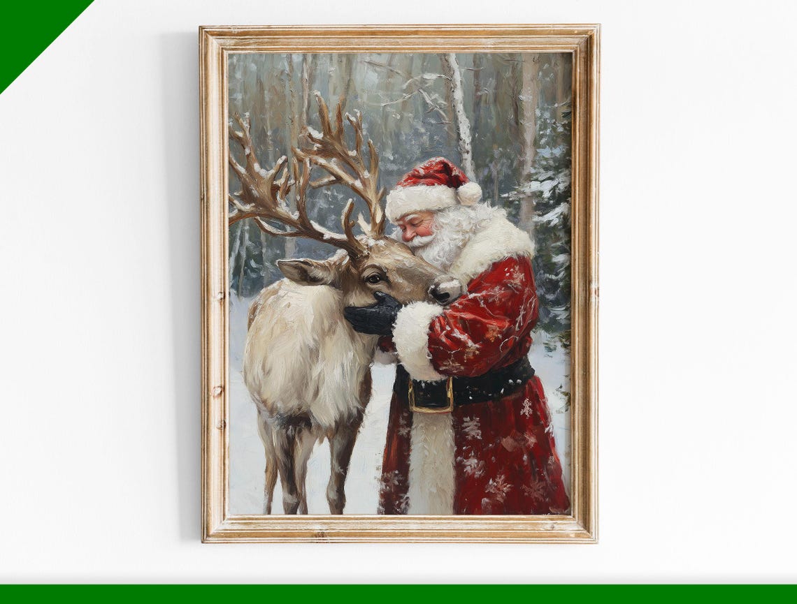 Santa Claus Hugging Reindeer in Snowy Forest Christmas Wall Art