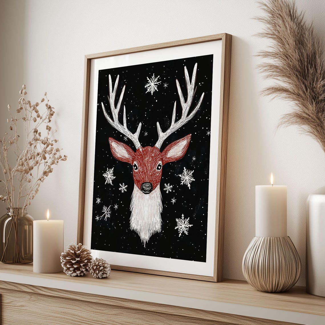 Red Deer Head Chalkboard Art with Snowflakes Black Christmas Poster - Image 2