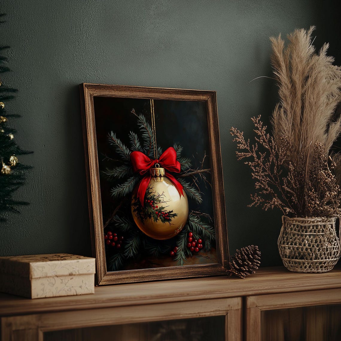 Gold Christmas Ornament With Red Bow Holly Berries Dark Poster - Image 7