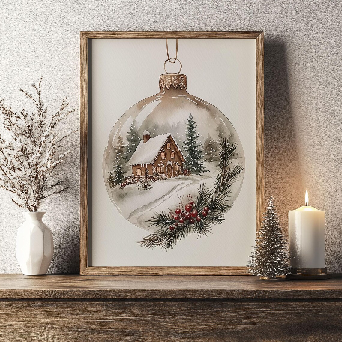 Snow Cabin Glass Ornament Village Watercolor Christmas Wall Art - Image 4