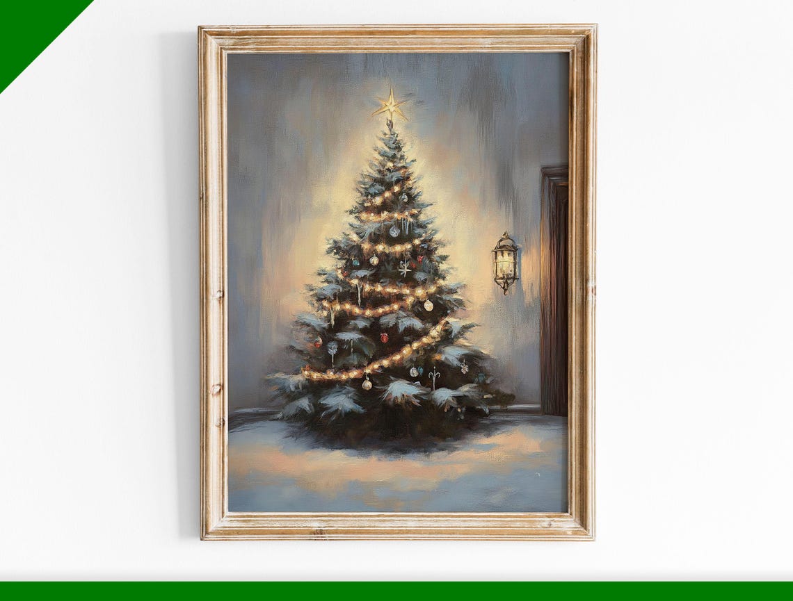 Lit Christmas Tree With Garland Lights Indoors Vintage Oil Poster