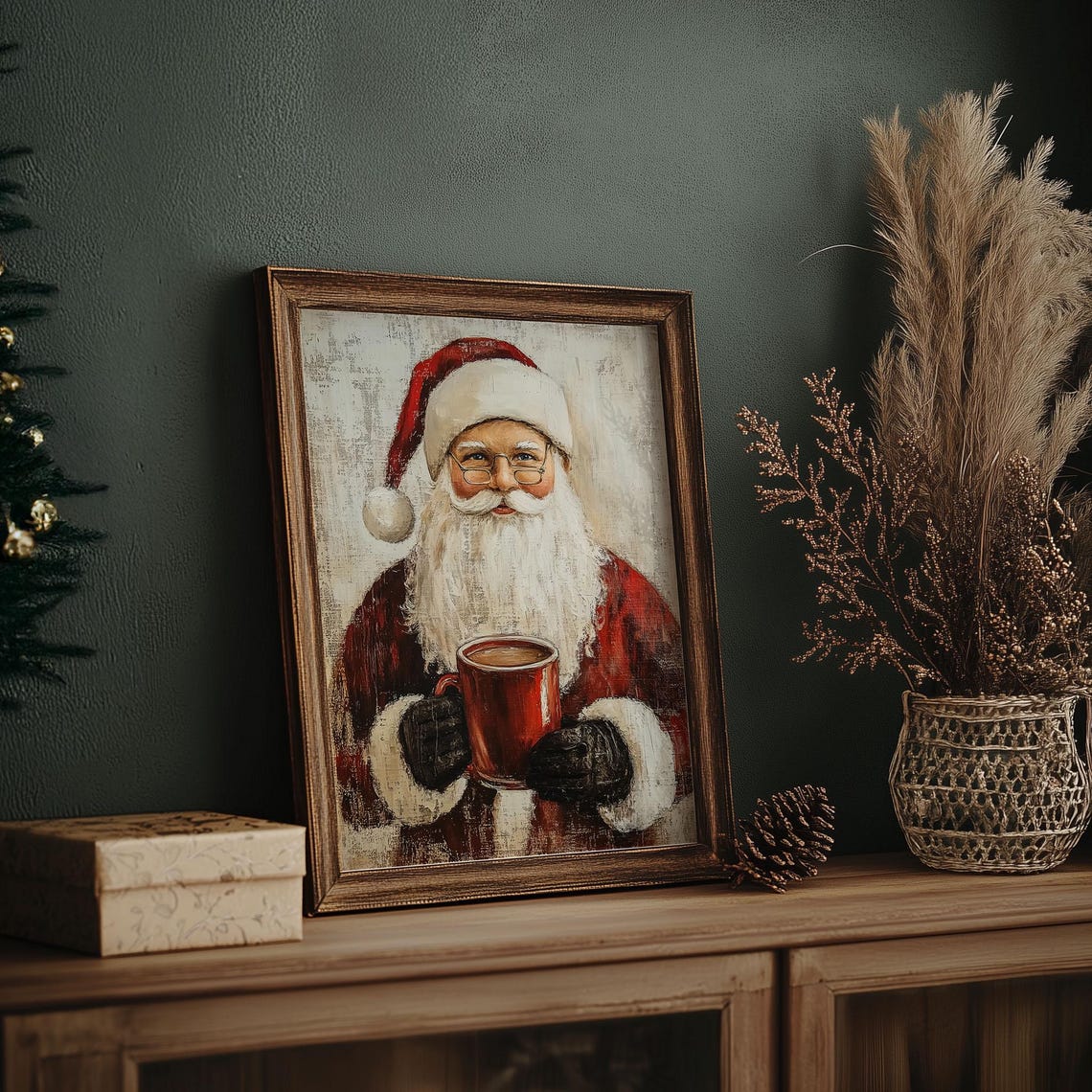Santa Claus Holding Red Cocoa Mug Glasses Rustic Portrait Poster - Image 7