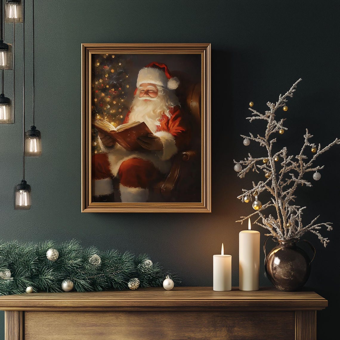 Vintage Santa Reading Book Christmas Tree Cozy Holiday Art Print - Image 4