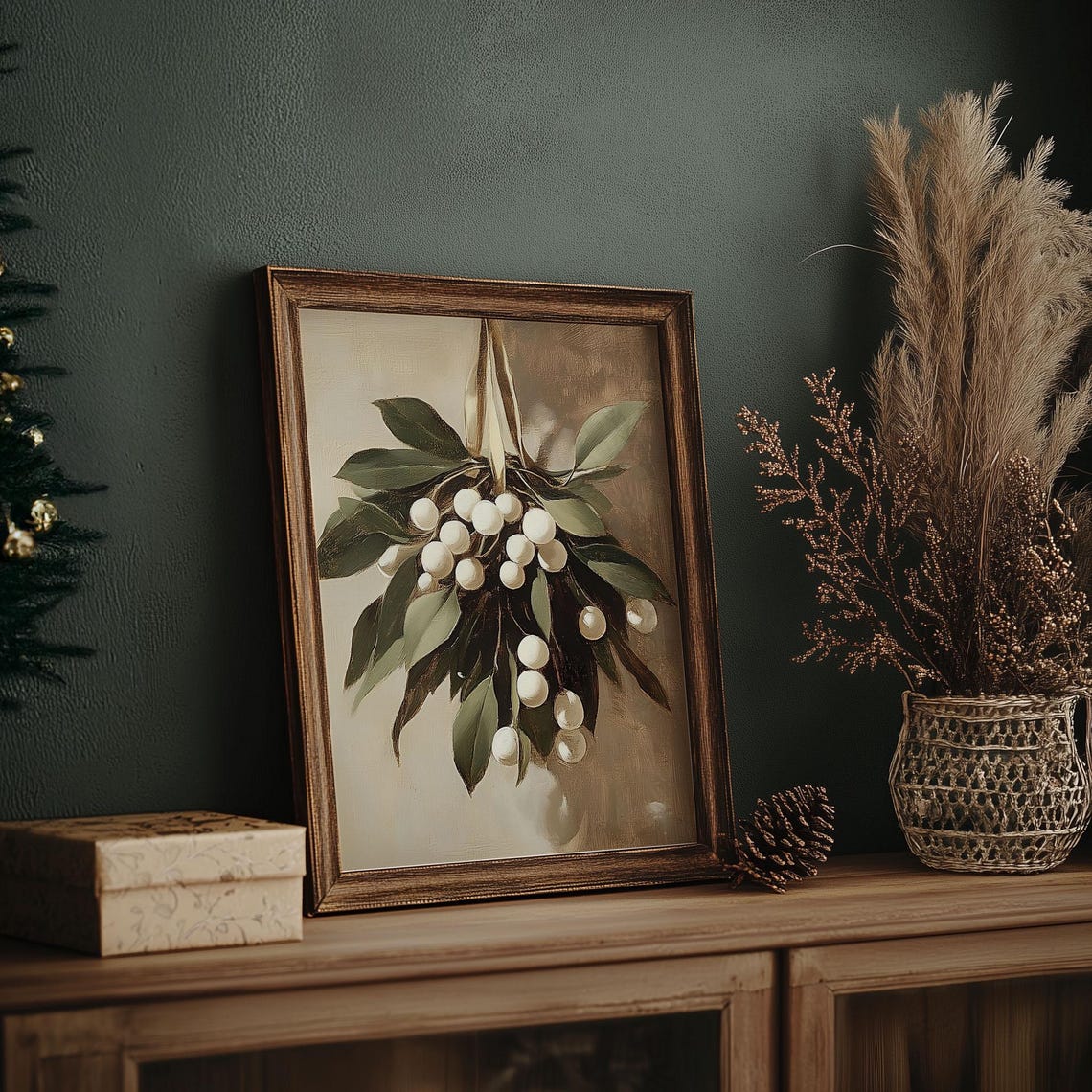Hanging Mistletoe With White Berries Vintage Botanical Wall Art - Image 7
