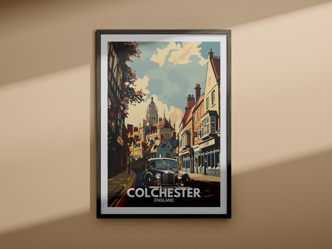 Colchester England Travel Poster Classic Car Historic Town Street - Image 4