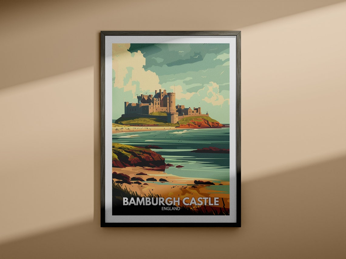 Bamburgh Castle England Travel Poster Coastal Fortress Beach View - Image 4