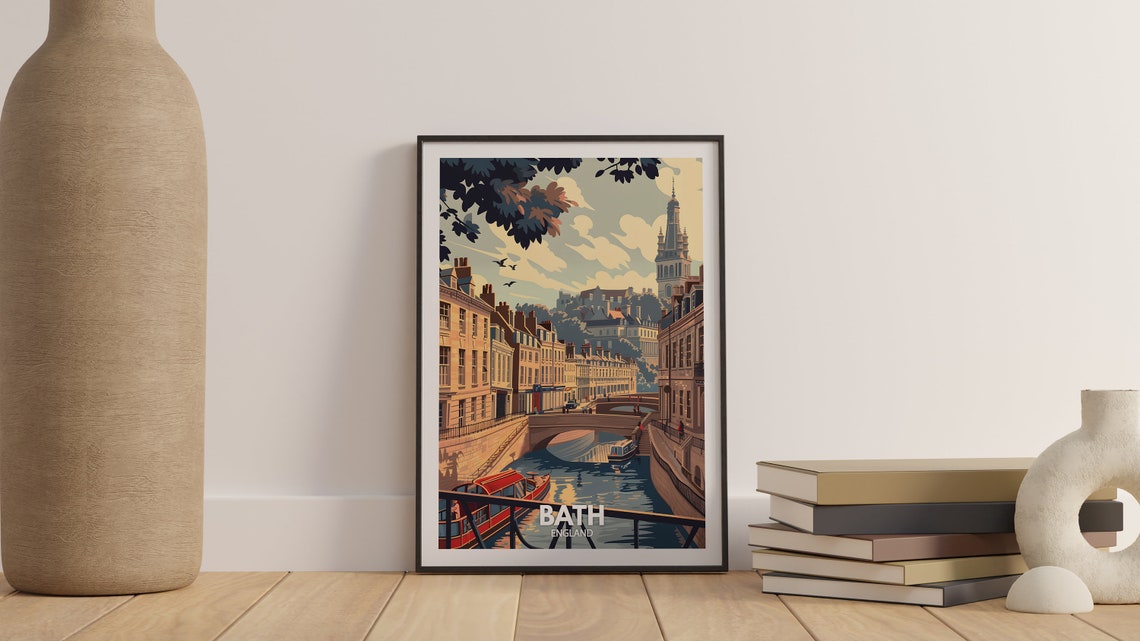 Bath England Travel Poster River Avon Bridge Georgian View Scene - Image 3