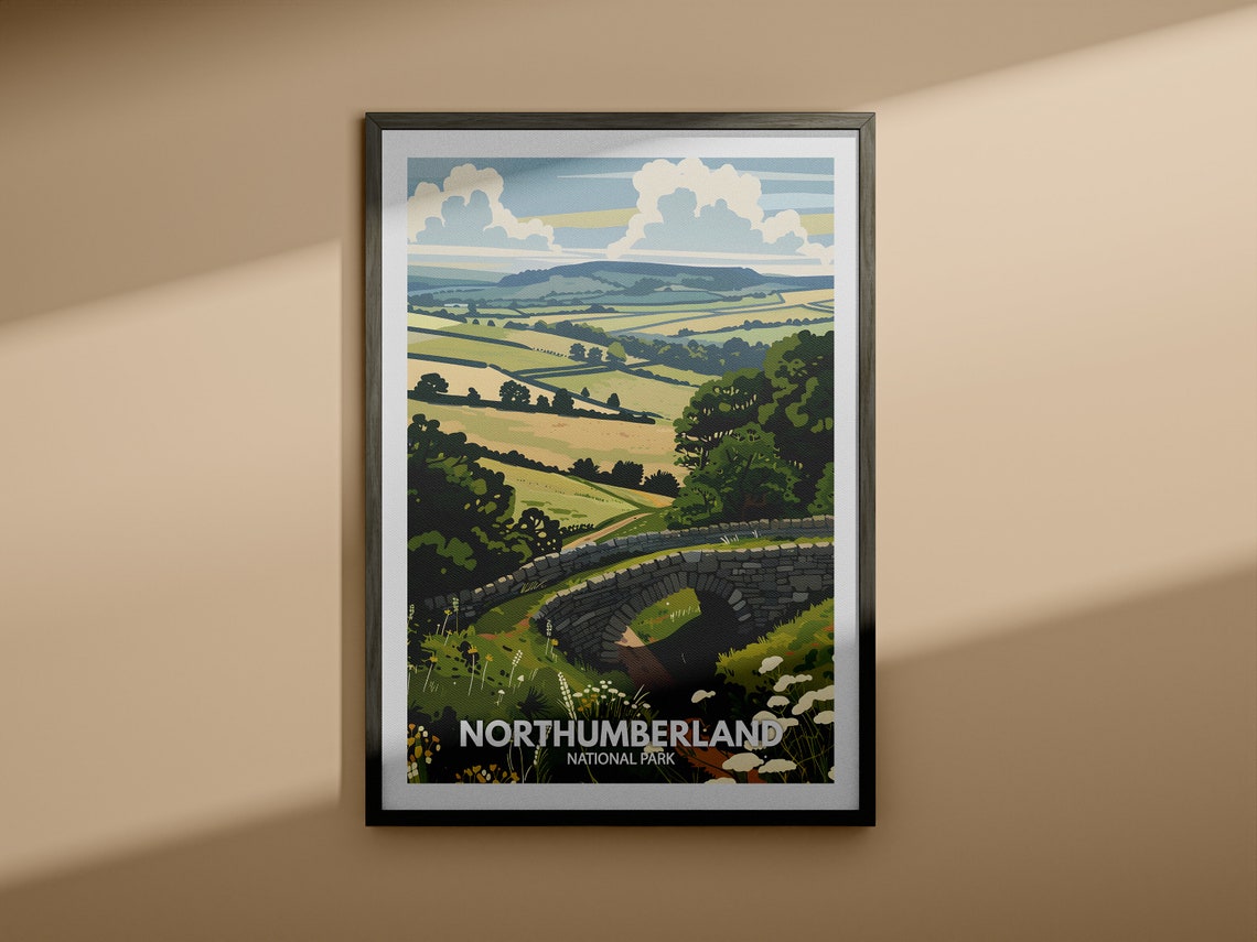 Northumberland National Park Travel Poster Stone Bridge Hills View - Image 4