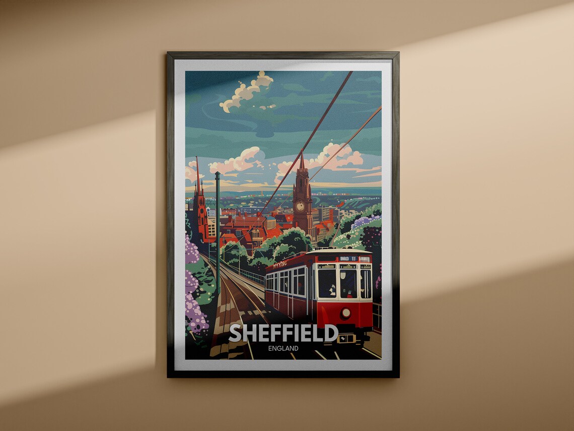 Sheffield England Travel Poster Red Tram Clock Tower City Scene - Image 4