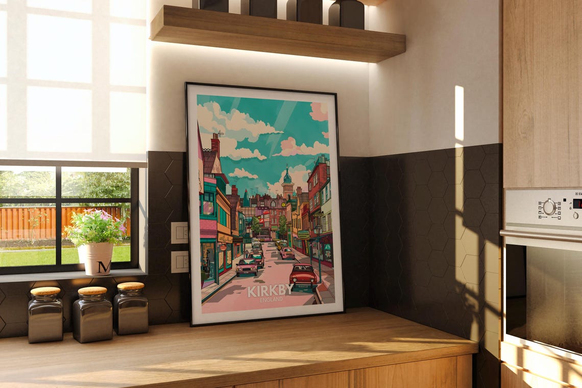 Kirkby England Colorful High Street Clock Tower Travel Poster - Image 3