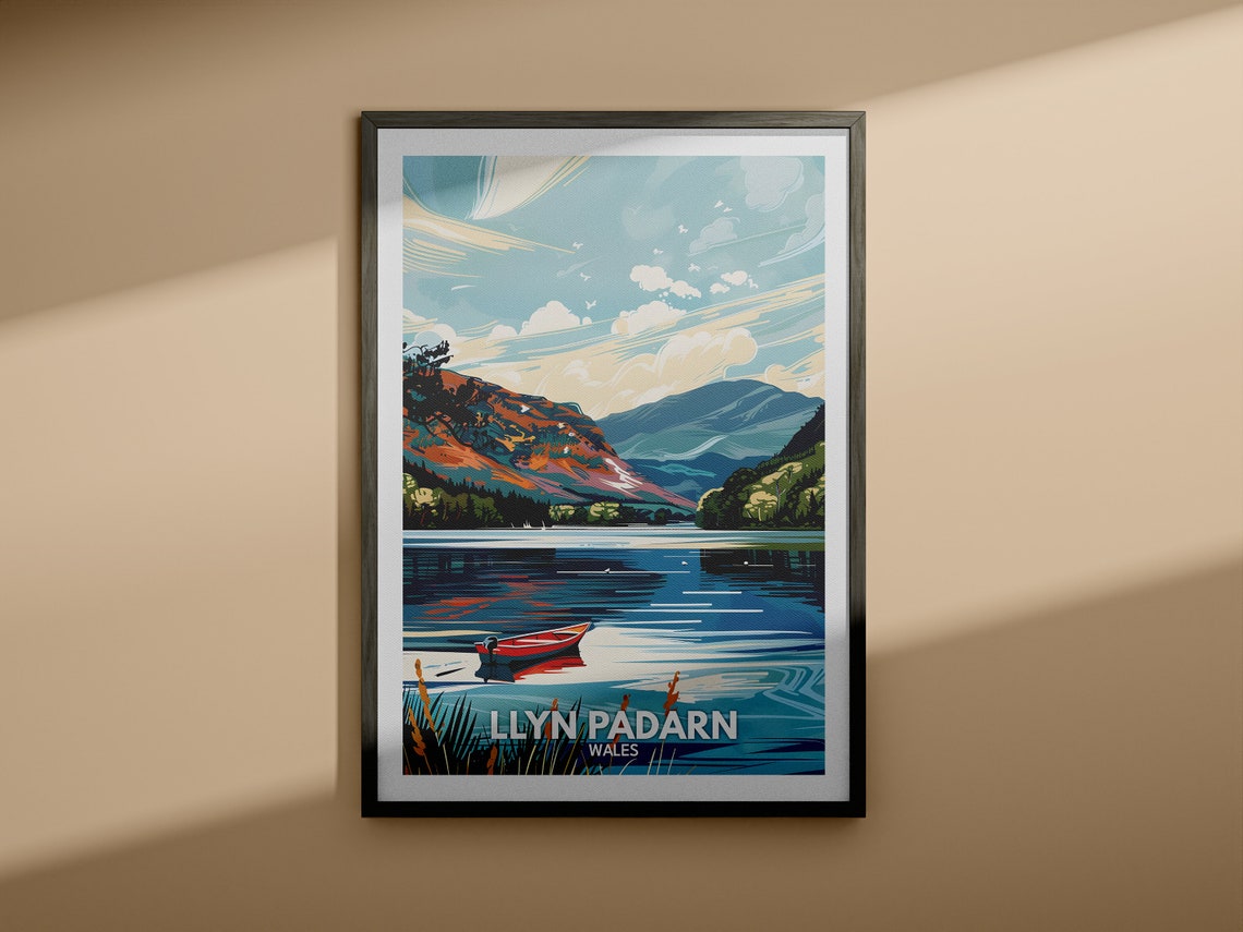 Llyn Padarn Wales Lake Red Canoe Mountain View Travel Poster - Image 4