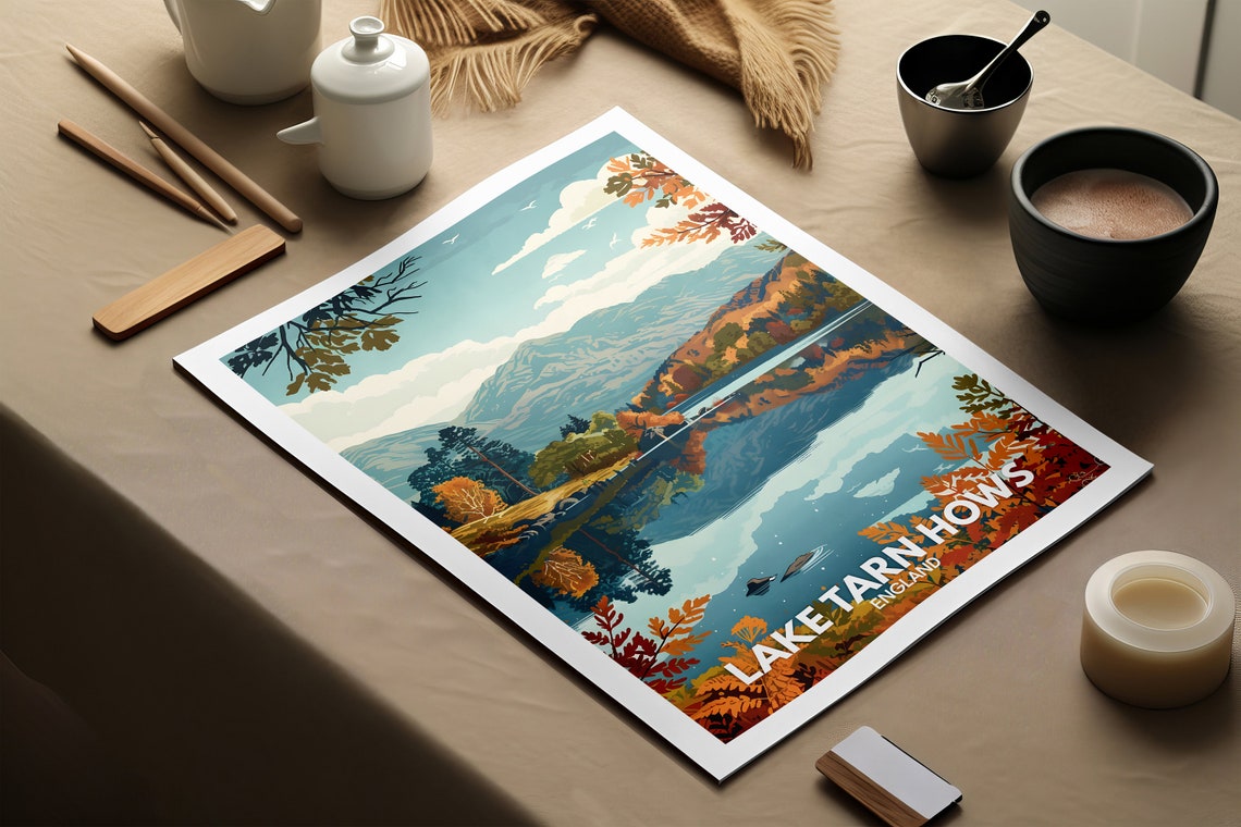 Lake Tarn Hows England Autumn Lake Reflection Vintage Travel Poster - Image 2