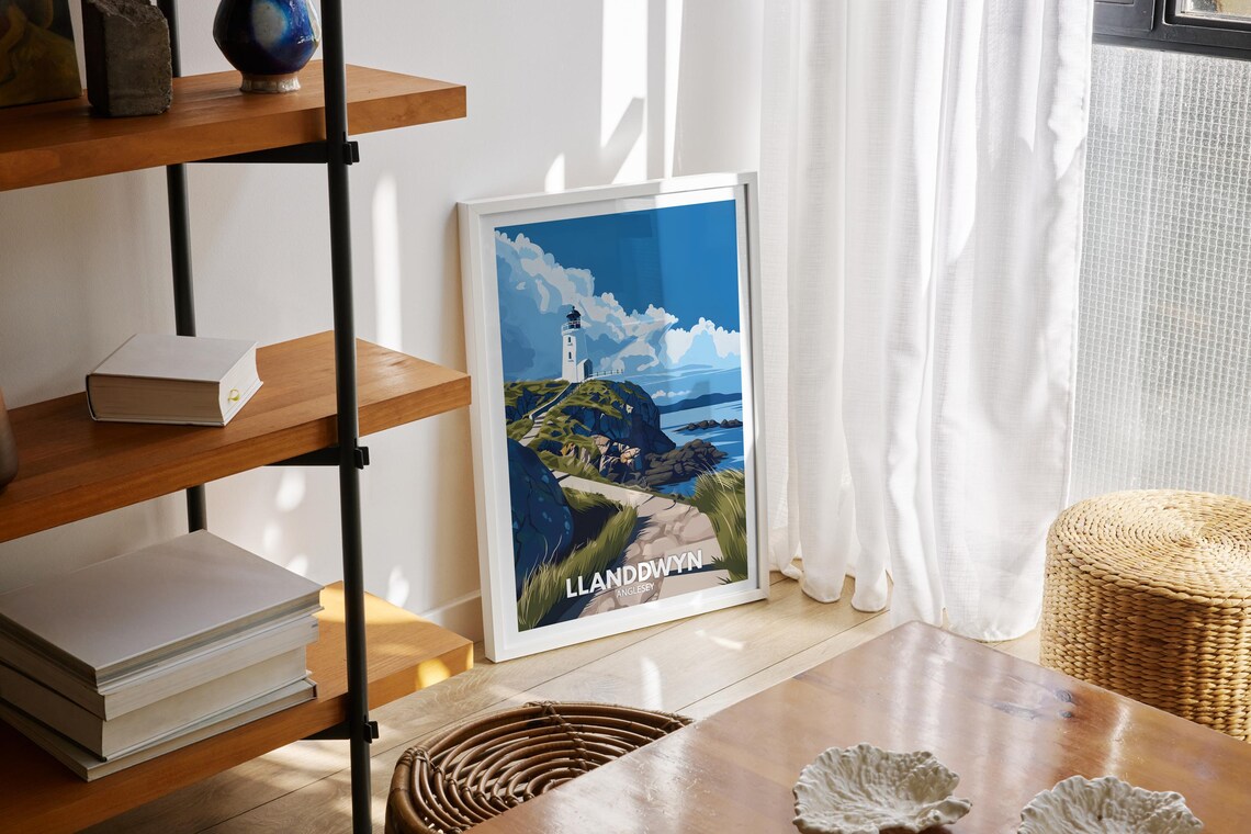 Llanddwyn Anglesey Wales Vintage Travel Poster Lighthouse Cliffs - Image 2