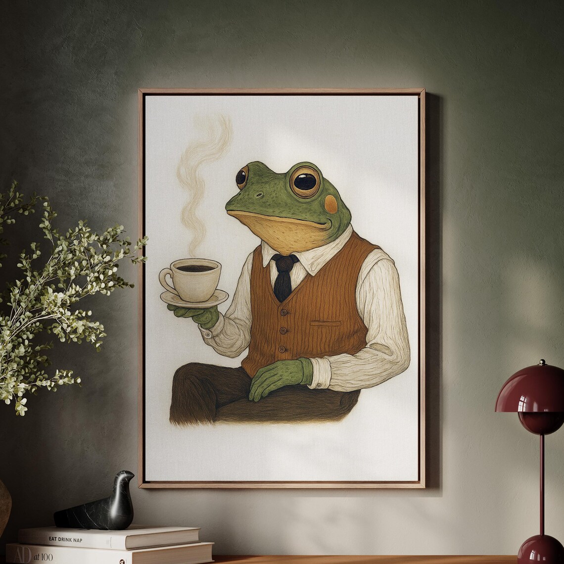 Dapper Frog Drinking Coffee, Whimsical Animal Portrait - Image 5