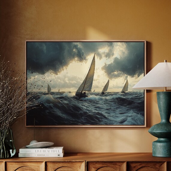 Dramatic Sailing Seascape Print Stormy Ocean Wall Art Nautical Boat Painting Coastal Decor Maritime Sailboat Artwork