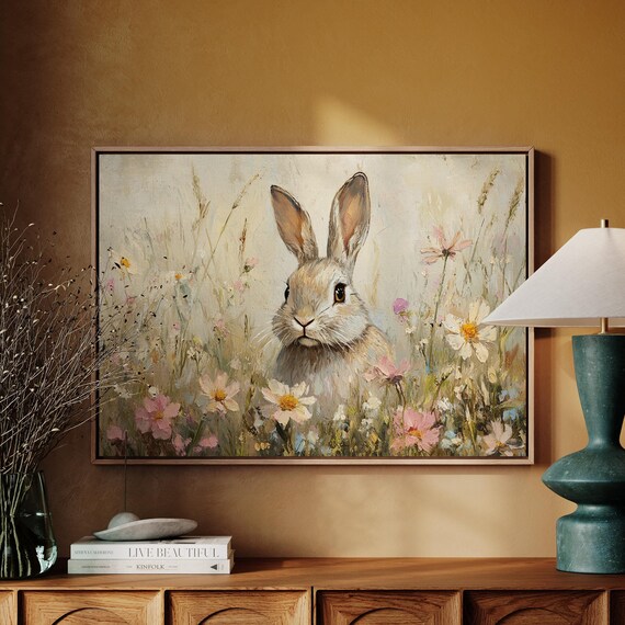 Cute Bunny In Cosmos Daisy Meadow Spring Floral Rabbit Wall Art
