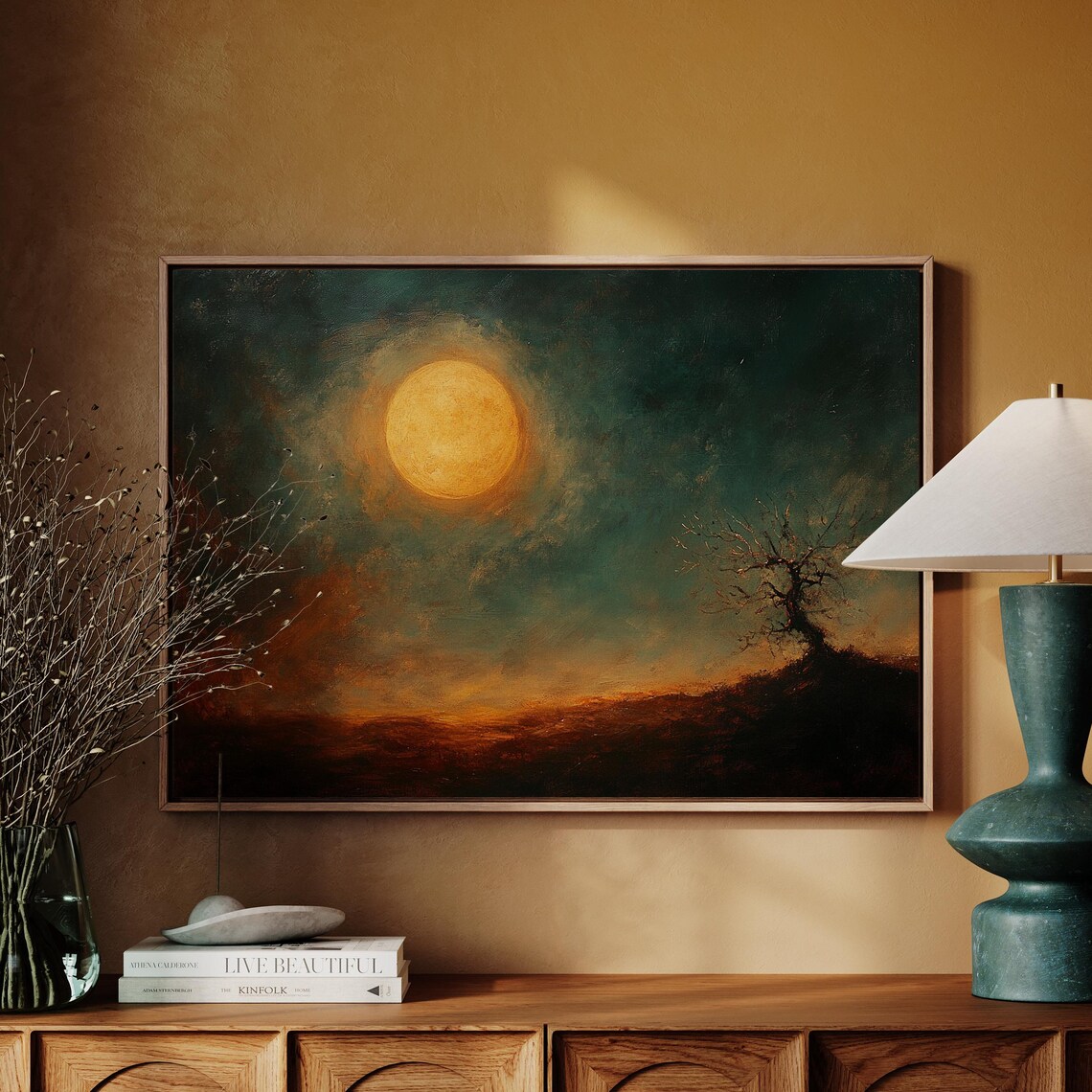 Full Moon Over Lonely Tree, Moody Night Landscape