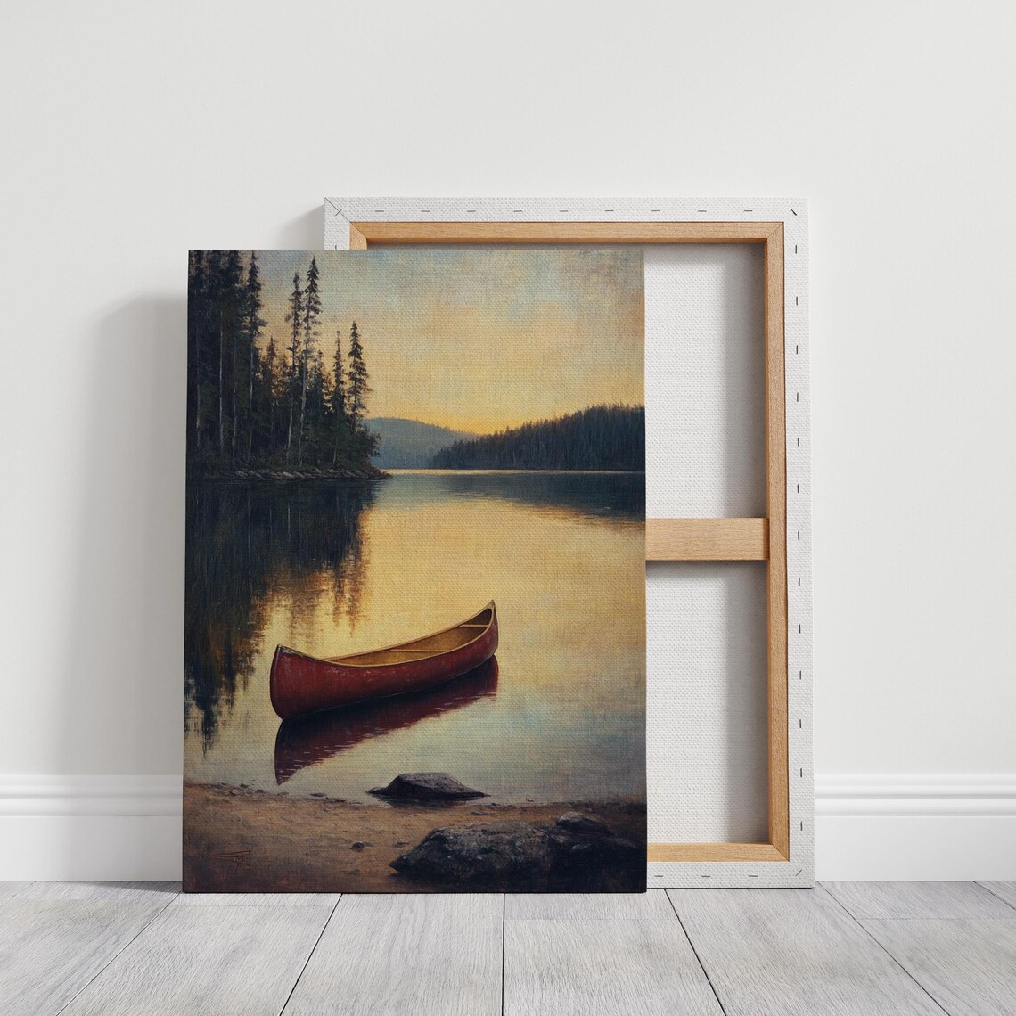 Sunset Canoe Lake Art Print, Rustic Cabin Decor