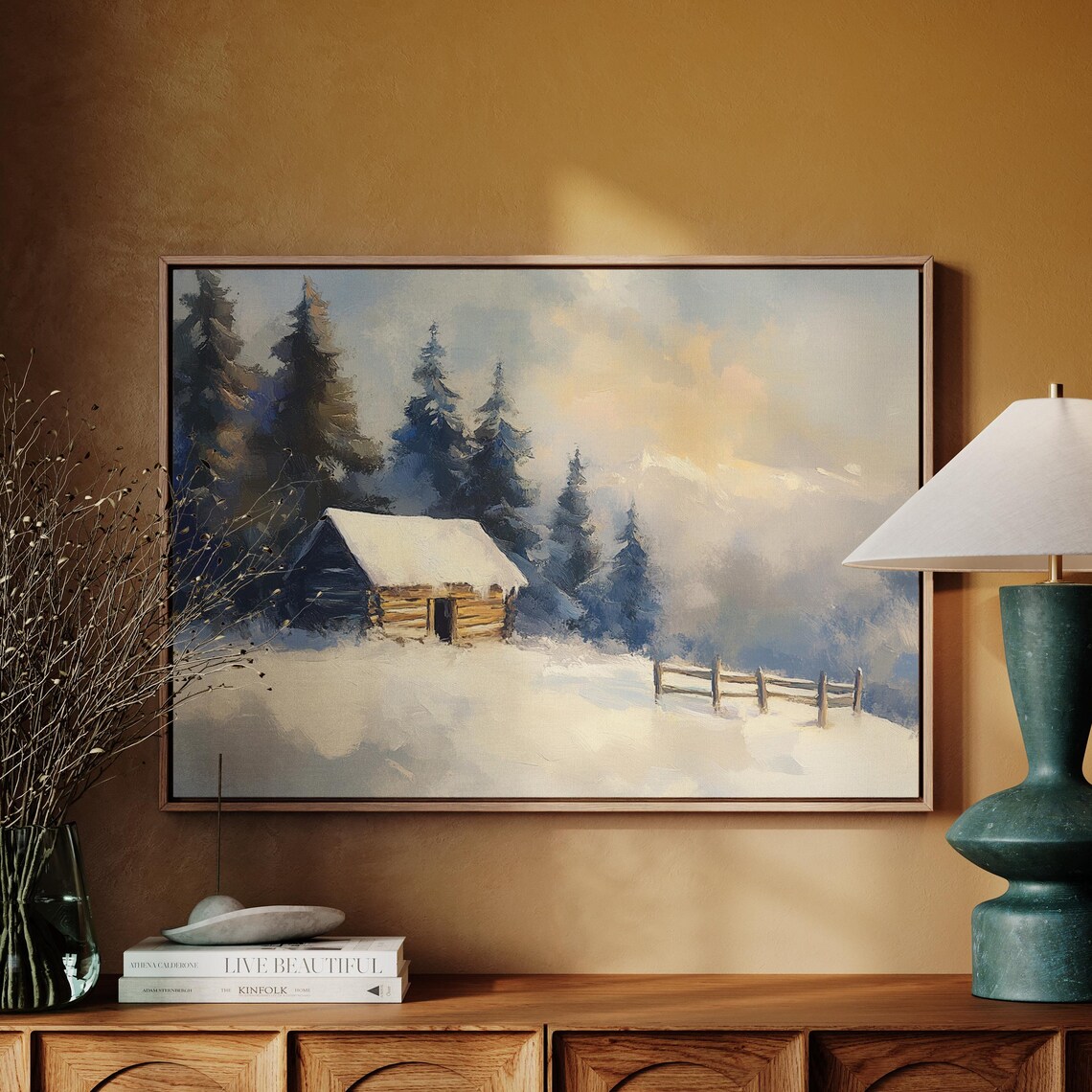 Cozy Winter Cabin in Snowy Landscape, Rustic Mountain Retreat