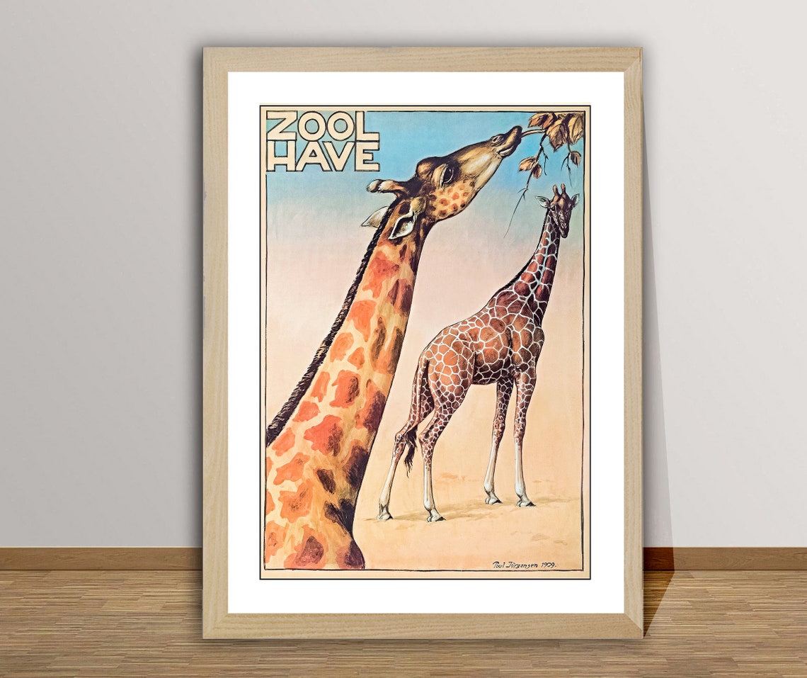 Zool Have Giraffe Mother Calf Classic Vintage Copenhagen Zoo Poster