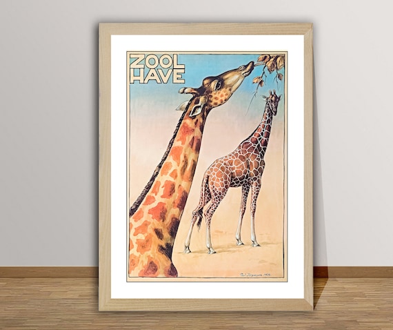 Zool Have Giraffe Mother Calf Classic Vintage Copenhagen Zoo Poster