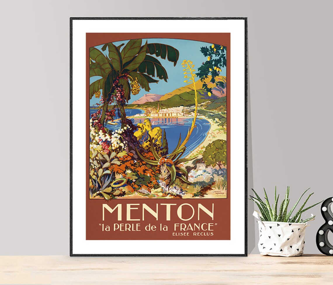 Menton Pearl Of France Mediterranean Bay Palms Vintage Travel Poster