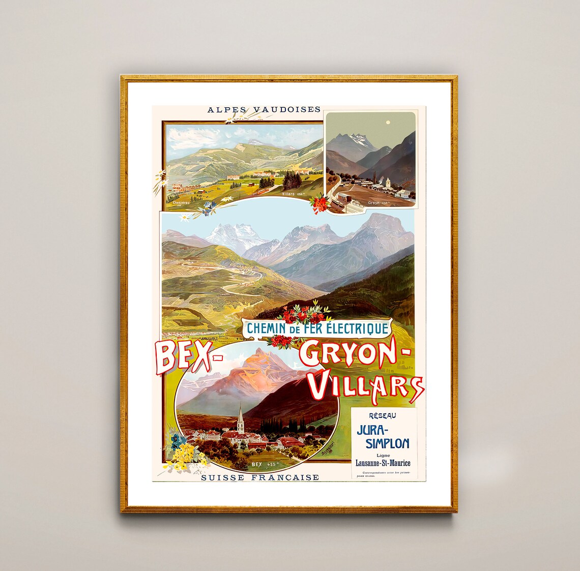 Bex Gryon Villars Alpes Suisse Vintage Travel Poster