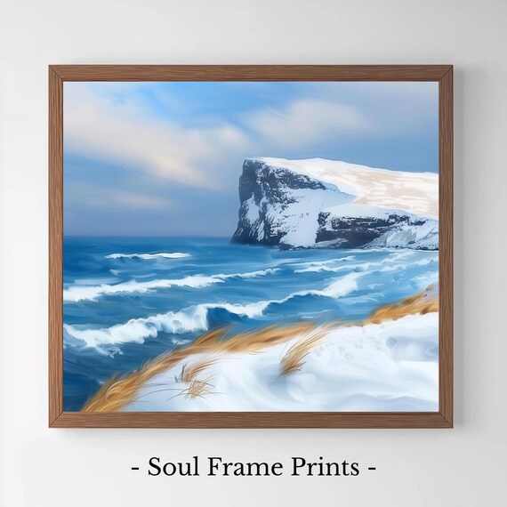 Snowy Coastal Cliffs Winter Seascape Icy Waves Rocky Shore Art Poster