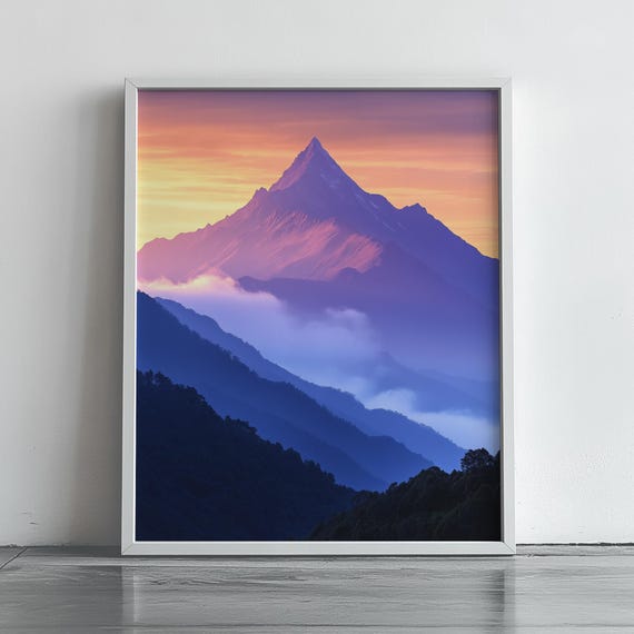 Majestic Sunrise Mountain Print Misty Ridge Landscape Wall Art Nature Poster Serene Blue Gradient Decor For Home 148
